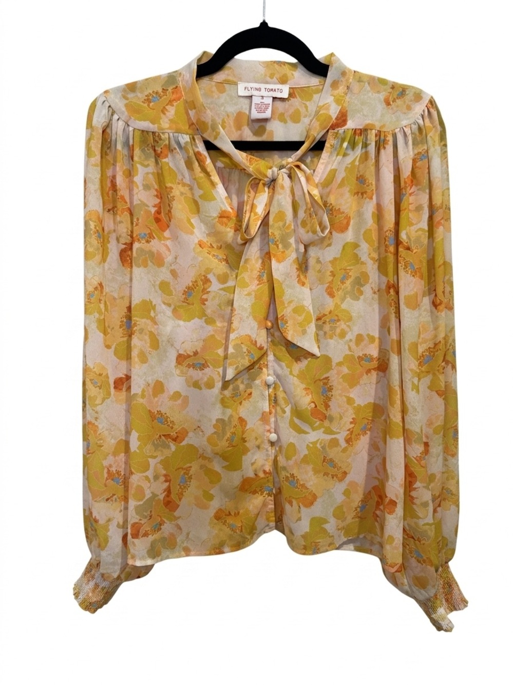Flying Tomato Yellow Floral Bow-Tie Blouse